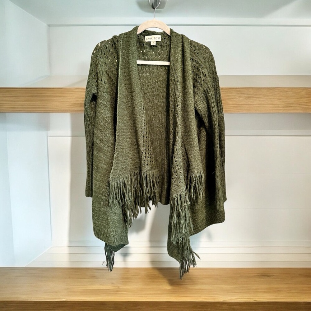 Knox Rose olive green chunky warm crocheted cardigan sweater with fringe